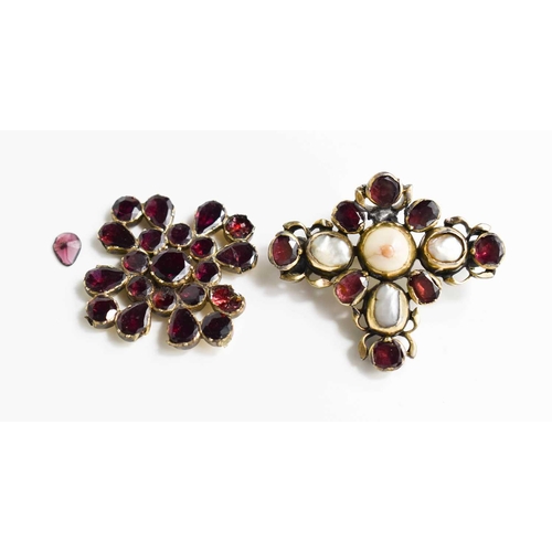 50 - A Georgian gilt metal, garnet and natural pearl set brooch, and a Victorian garnet set brooch A/F.