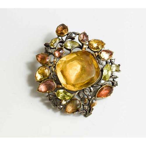 57 - A Georgian silver, rose gold and gemset brooch, of foliate design, the pastel coloured stones likely... 