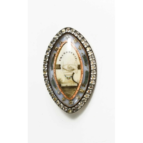 58 - A 19th century silver, gold and paste mourning brooch / pendant, the centre depicting two hands join... 