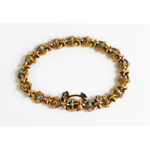 60 - A 9ct gold bracelet, the oval links set with turquoise and seed pearls, with safety chain, 12g, 18cm... 