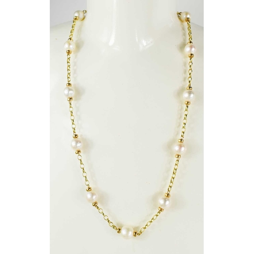 7 - A 9ct gold and pearl necklace, each pearl united by chain form links, 33g.