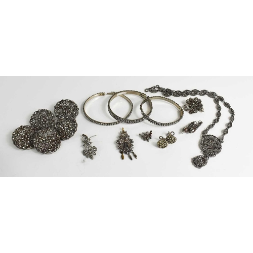 79 - A selection of Georgian and later white metal and marcasite jewellery, including three bangles, five... 