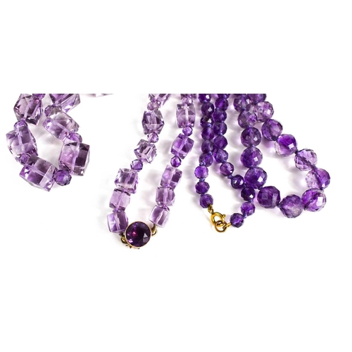 89 - Two late Victorian amethyst necklaces, one composed of square cut beads interspersed by smaller mult... 