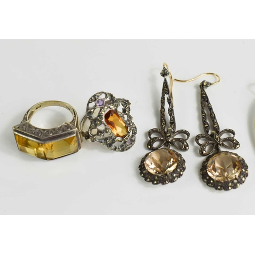 99 - A pair of silver, marcasite and paste drop earrings, an 800 grade silver and topaz set ring, and a f... 