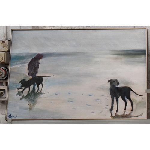 158 - Alexandra Canaan (British Contemporary): An oil on canvas of Great Danes and Jack Rusell on Brancast... 