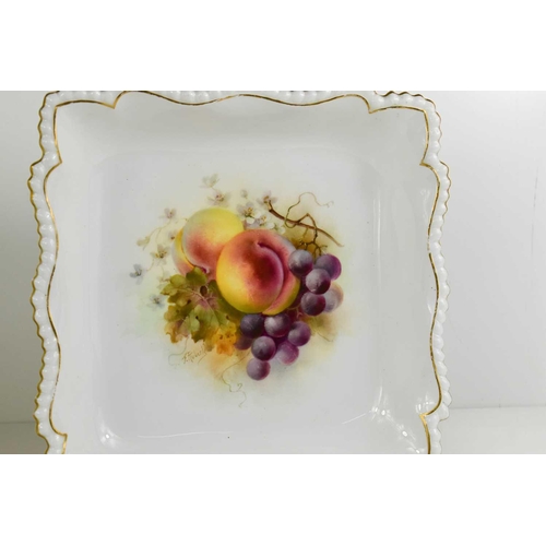 107 - A pair of Royal Worcester square dishes, painted with fruit to the centre, by Roberts, with peaches ... 