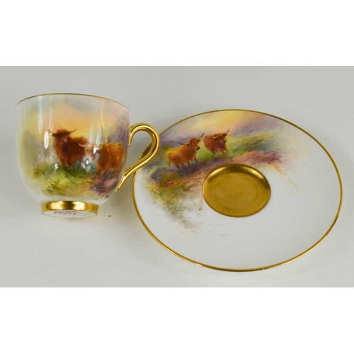 109 - A Royal Worcester cup & saucer, by Harry Stinton, painted with Highland cattle with gilded interior,... 