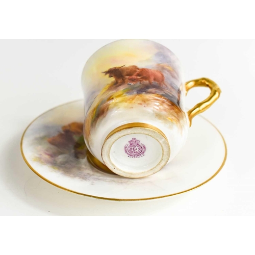 116 - A Royal Worcester cup and saucer by John Stinton, painted with Highland cattle with gilded interior,... 