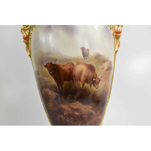 127 - A Royal Worcester vase and cover by John Stinton, painted with highland cattle in a Scottish landsca... 