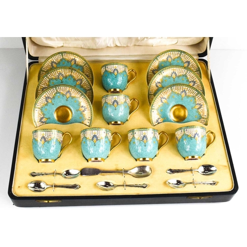 139 - A cased set of Royal Worcester cups and saucers, with turquoise and gilded decoration, puce mark for... 