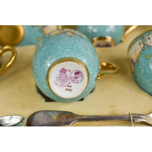 139 - A cased set of Royal Worcester cups and saucers, with turquoise and gilded decoration, puce mark for... 