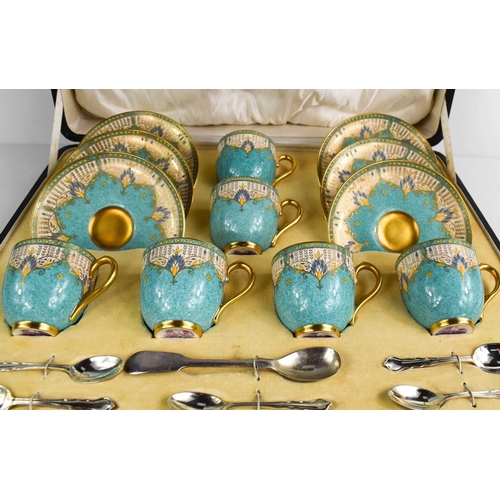 139 - A cased set of Royal Worcester cups and saucers, with turquoise and gilded decoration, puce mark for... 