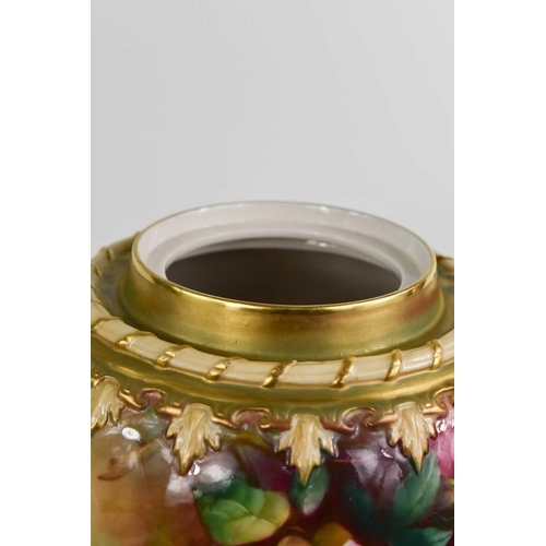 141 - A Royal Worcester pot pourri vase and cover, painted all round with roses and insects with a pierced... 