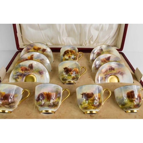 157 - A set of Royal Worcester cups and saucers, by Harry Stinton, painted with highland cattle in a lands... 