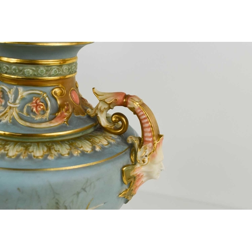 158 - A fine Royal Worcester pedestal vase and cover, painted with swans in flight, by Baldwyn, to a powde... 