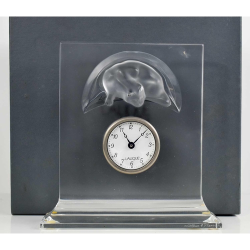 180 - A Lalique glass clock, depicting a cat above the inset clock dial, with the original paperwork and b... 