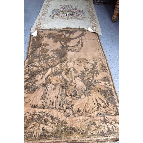 282 - Two medieval style wall tapestries, one displaying a coat of arms , 187cm by 137cm.