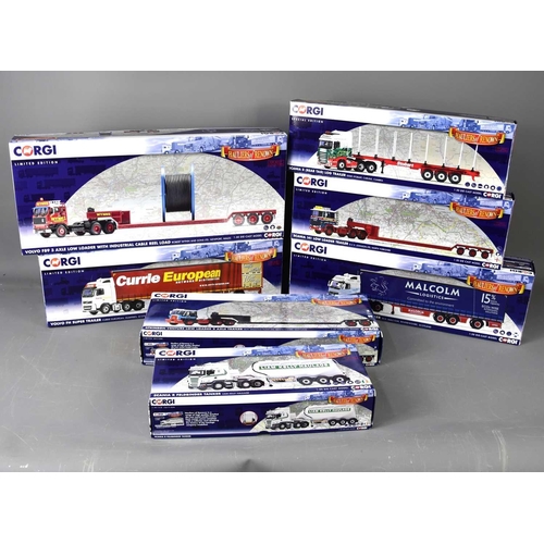 375 - Seven boxed limited edition Corgi haulage lorries comprising of Currie European Volvo, G.C.S Johnson... 