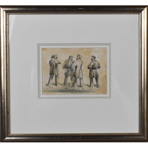 431 - A 19th century French watercolour on paper depicting four gentleman in period attire, 10 by 14cm.