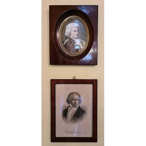 433 - Two miniature portraits: a 19th century print depicting Beethoven 12 by 18cm, and another in an oval... 