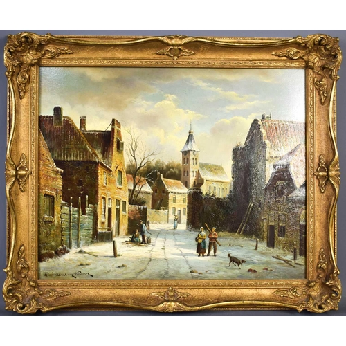 446 - Worntinez Verrez (20th century) Old Master style Dutch winter townscape, with figures and dog to the... 