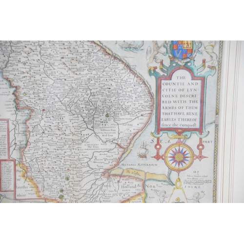 486 - John Speed: A hand-coloured engraved map of The Countie and Citie of Lyncolne described with the Arm... 