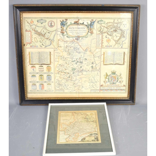 505 - John Speed: A hand-coloured engraved map of Hutingdonshire, text verso, framed and glazed together w... 