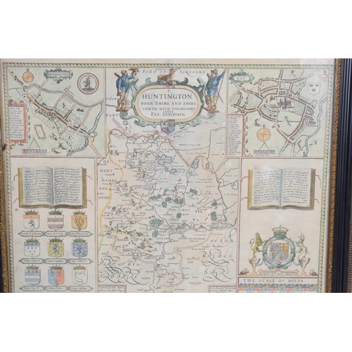 505 - John Speed: A hand-coloured engraved map of Hutingdonshire, text verso, framed and glazed together w... 