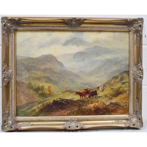 514 - A Fussell (19th century): Highland Cattle in landscape, oil on canvas, signed and dated 1892, 60 by ... 