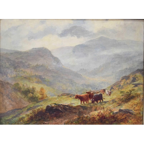 514 - A Fussell (19th century): Highland Cattle in landscape, oil on canvas, signed and dated 1892, 60 by ... 