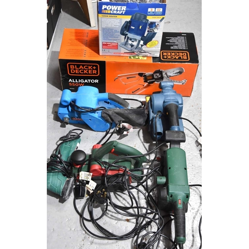 526 - A group of power tools to include a Black and Decker Alligator lopper, planer, sanders and a Power C... 