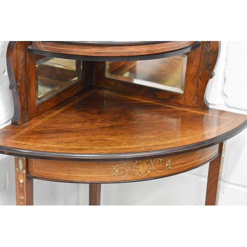 535 - An Edwardian rosewood and marquetry inlaid corner cabinet, witha bow front glazed foor, satinwood li... 