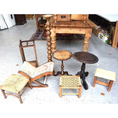 540 - A group of antique furniture to include a bobbin turned candle stand, a mahogany wine table, a gout ... 