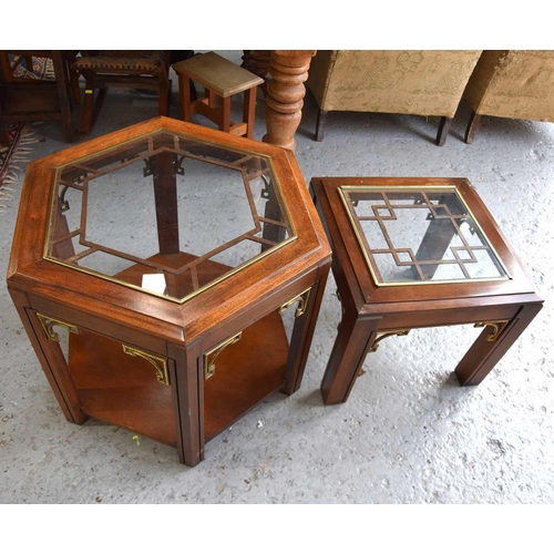 545 - Two mahogany glass top occasional table, one in hexagonal form.