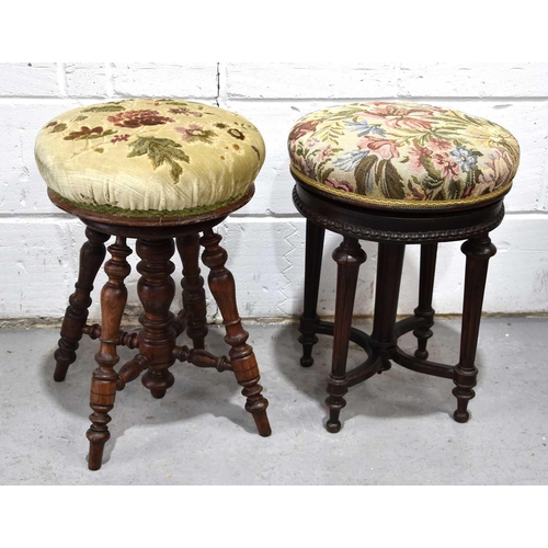 549 - Two antique stools, one in oak having turned spindle legs and central column, both with upholstered ... 