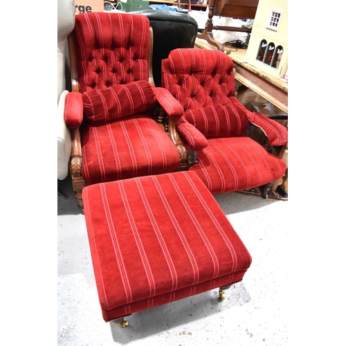 570 - A Victorian mahogany framed red upholstered button back armchair together with a similarly upholster... 