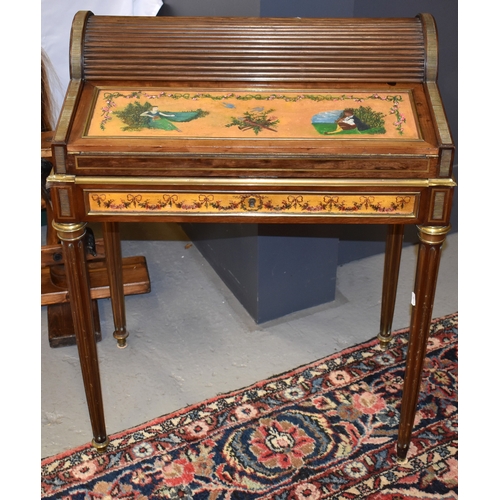 590 - A 19th century French Bonheur du jour with tambour top enclosing three fitted drawers above a hand p... 