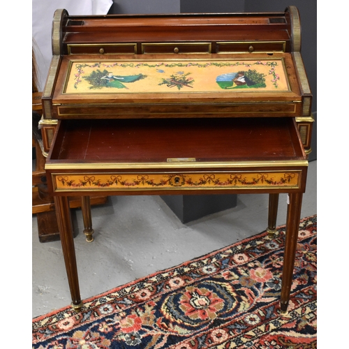 590 - A 19th century French Bonheur du jour with tambour top enclosing three fitted drawers above a hand p... 