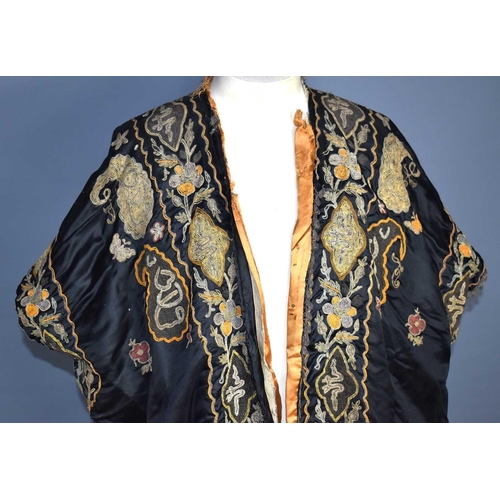 1 - A vintage early 20th century Chinese silk robe, the background embroidered with metallic threads thr... 