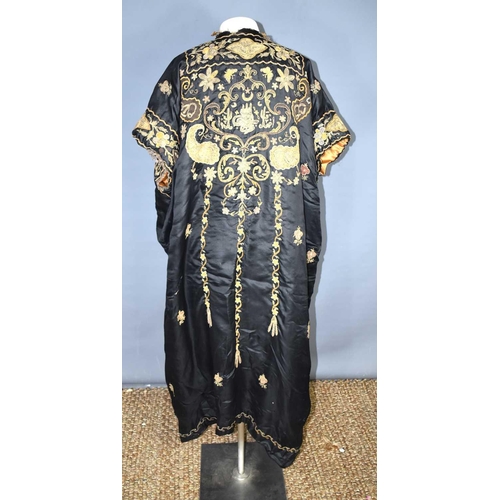 1 - A vintage early 20th century Chinese silk robe, the background embroidered with metallic threads thr... 