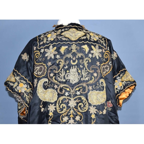 1 - A vintage early 20th century Chinese silk robe, the background embroidered with metallic threads thr... 