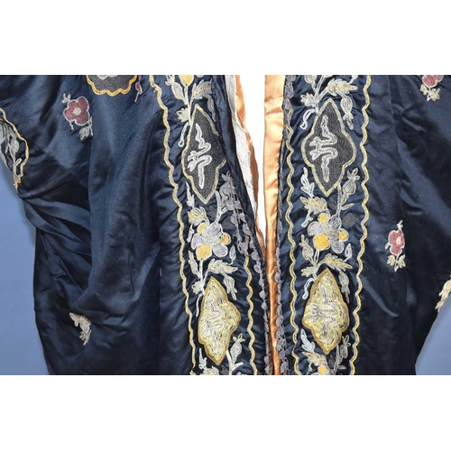 1 - A vintage early 20th century Chinese silk robe, the background embroidered with metallic threads thr... 