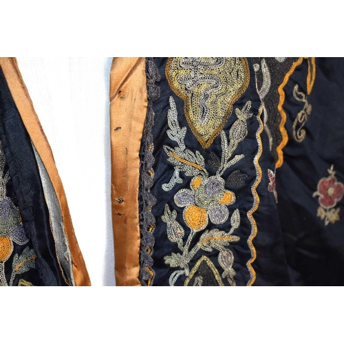 1 - A vintage early 20th century Chinese silk robe, the background embroidered with metallic threads thr... 