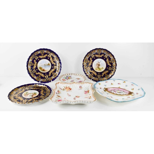 136 - A Minton cake plate decorated with violas, forget-me-nots and rosebuds, together with a Dresden plat... 