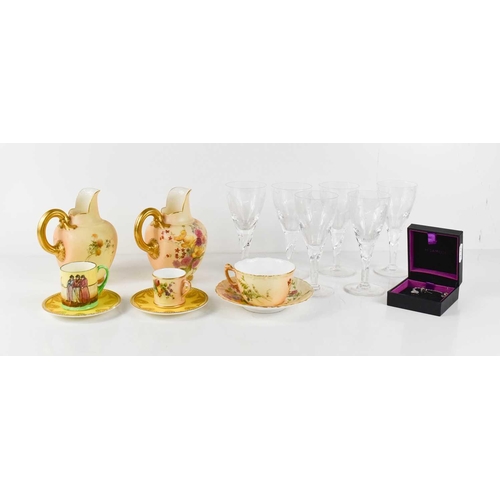 155 - A group of Stuart Crystal wine glasses together with Royal Worcester blush ivory jugs, and Royal Wor... 