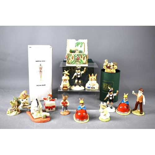 158 - A group of Royal Doulton Bunnykins, Royal Albert and Harmony Kingdom figures to include Tyrclean Dan... 