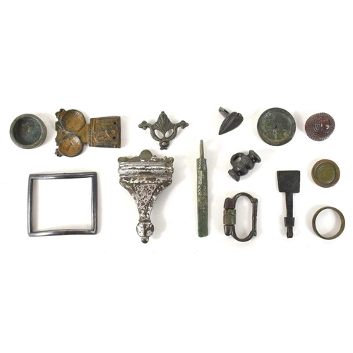 332 - A group of metal detecting finds to include a Celtic toggle, Posy ring dated 1929, strap end, thimbl... 