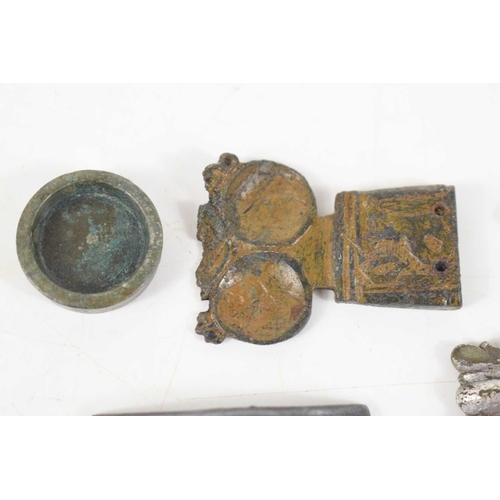 332 - A group of metal detecting finds to include a Celtic toggle, Posy ring dated 1929, strap end, thimbl... 