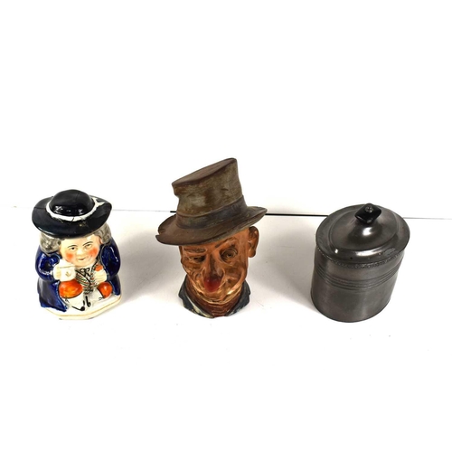 63 - An Ally Sloper figurative tobacco jar, a pewter oval tobacco jar, and a further tobacco jar, all fro... 