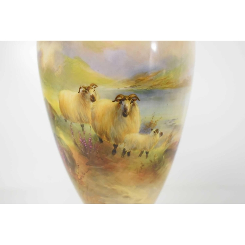 145 - A Royal Worcester vase by Harry Davis, finely painted with sheep in mountain landscape, puce mark to... 